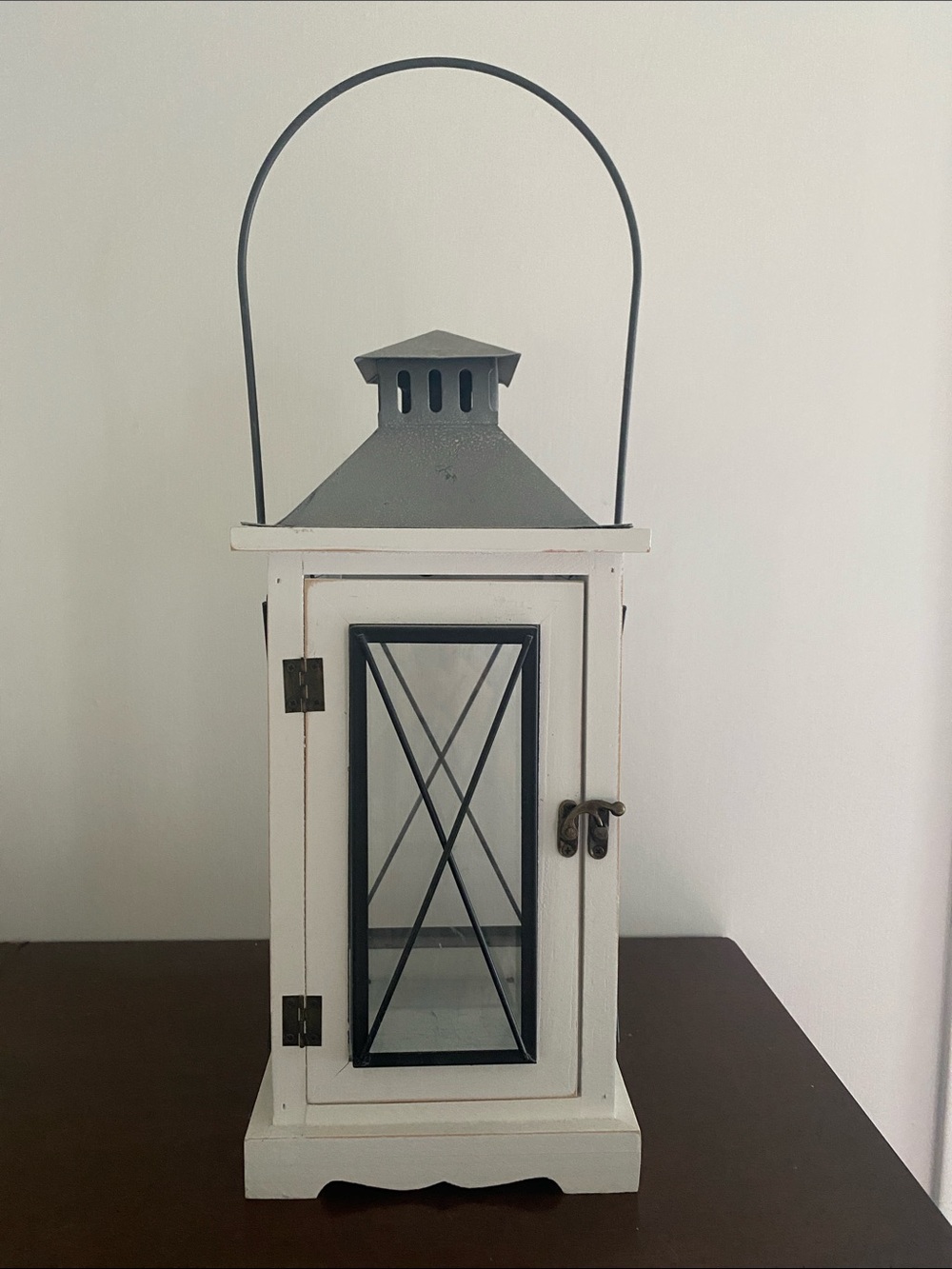 White Lantern With Black Metal Outline Glass Windows